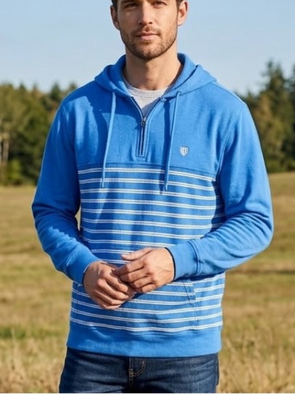 Chaps RALPH LAUREN Blue Stripe 1/4 Zip Hooded Hoodie Sweatshirt Cotton Mens XL